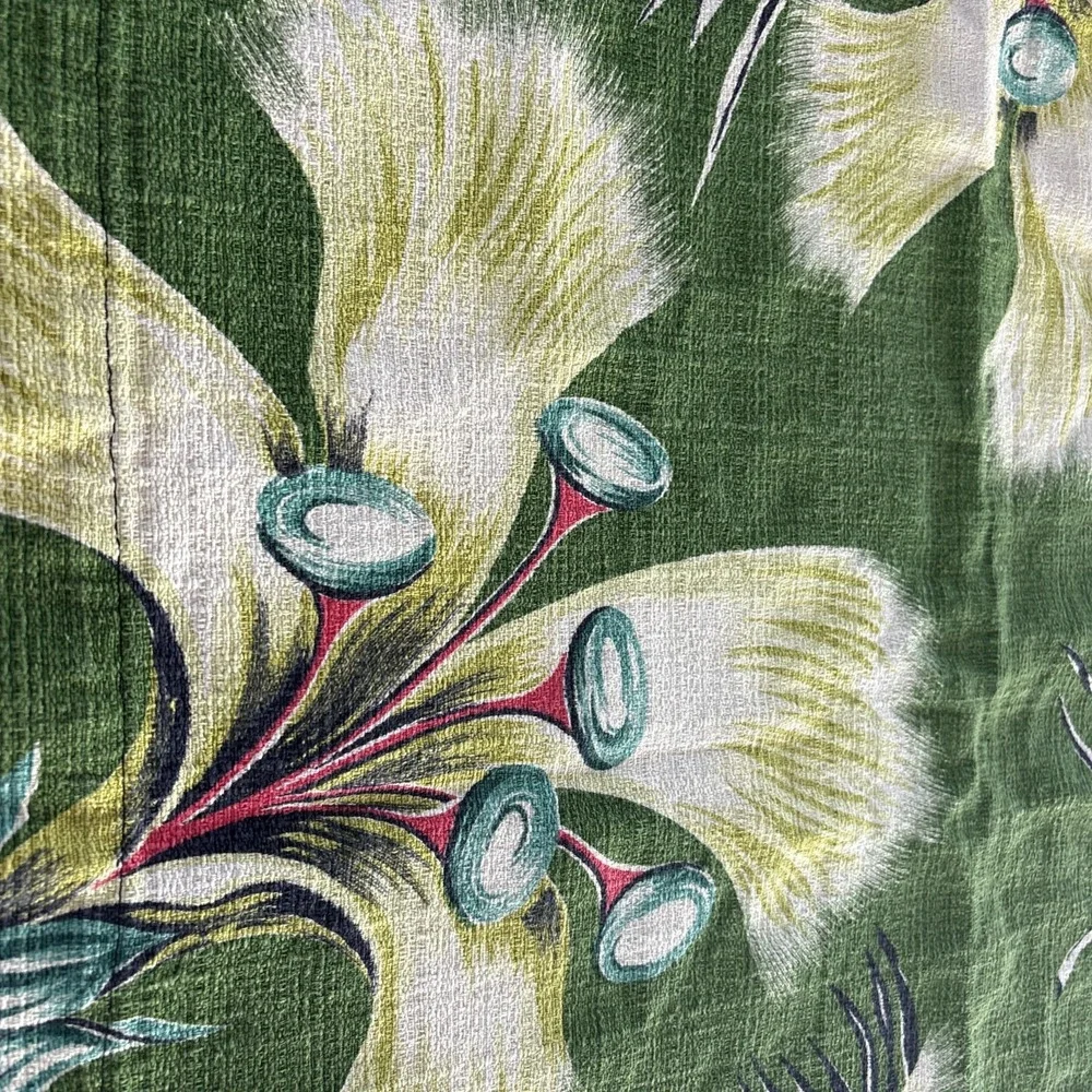 Art Deco 1930s-50s Green Floral Barkcloth Curtain Panel 6 Pieces